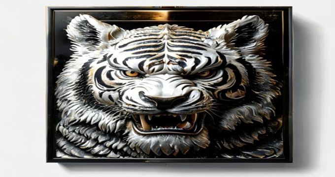 极品白虎珍藏艺术品近景，纹路清晰、色彩纯正，置于黑金展台之上，灯光映衬出稀世珍品的高贵质感